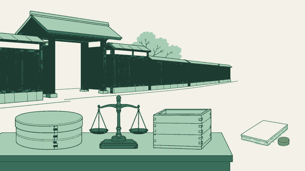 秋田県で古物商許可の申請を依頼できる行政書士事務所選びのイメージイラスト(武家屋敷の黒板塀が続く通りと門)