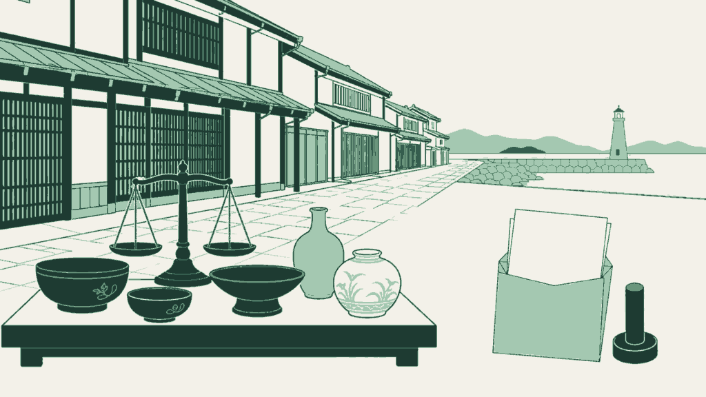 福井県で古物商許可の申請を依頼できる行政書士事務所選びのイメージイラスト(湊町の格子戸の町家が並ぶ通りと石畳)