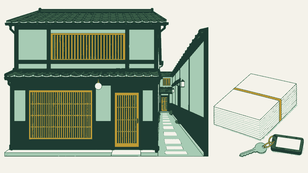 福岡県で民泊開業の手続きを依頼できる行政書士事務所選びのイメージイラスト(町家を改装した宿の格子と細い路地)