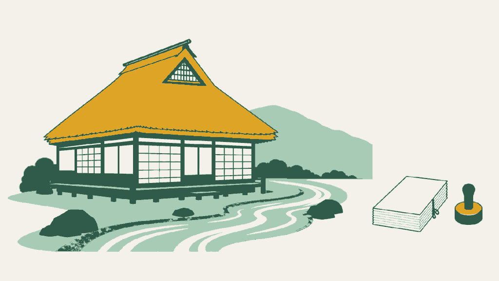 福島県で民泊開業の手続きを依頼できる行政書士事務所選びのイメージイラスト(茅葺きの一軒宿と脇を流れる沢)