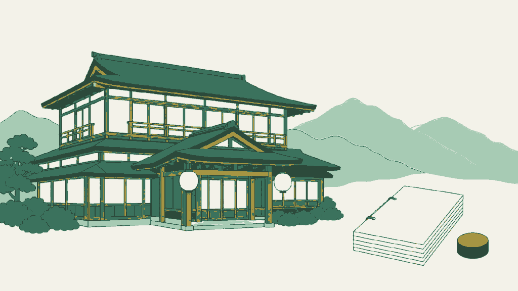 群馬県で民泊開業の手続きを依頼できる行政書士事務所選びのイメージイラスト(山あいの木造旅館と湯宿の軒下の提灯(無地))