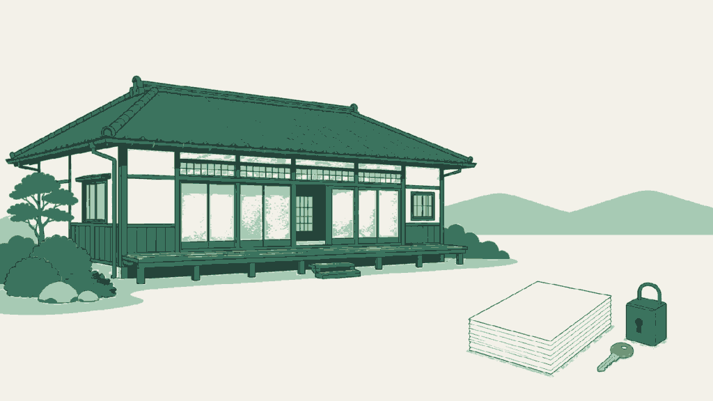 茨城県で民泊開業の手続きを依頼できる行政書士事務所選びのイメージイラスト(平屋の農家民宿と広い前庭)
