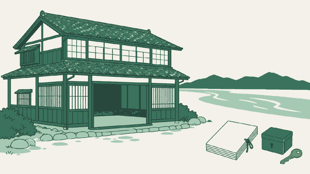 高知県で民泊開業の手続きを依頼できる行政書士事務所選びのイメージイラスト（川辺の木造の宿と広い土間の戸口）