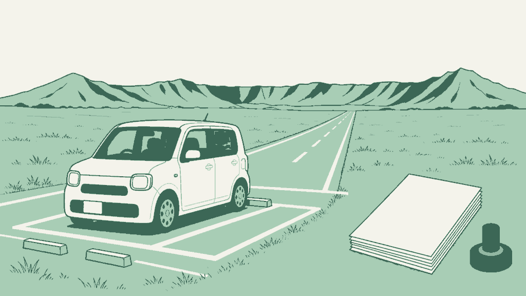 熊本県で車庫証明の申請代行を依頼できる行政書士事務所選びのイメージイラスト(カルデラの草原を貫く直線道路と外輪山)