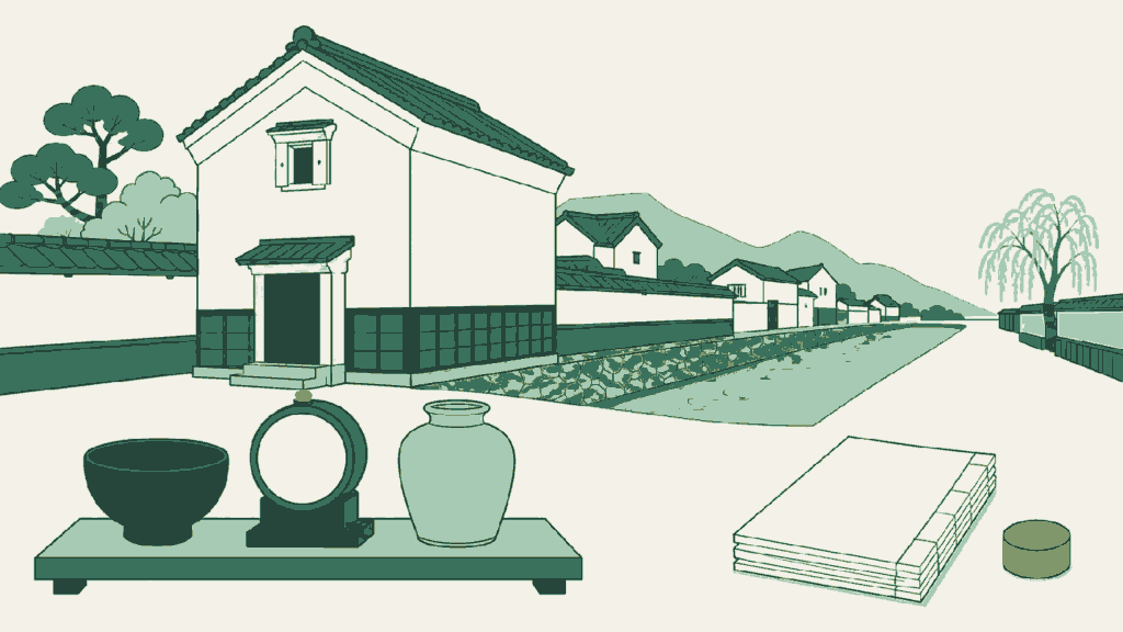 長野県で古物商許可の申請を依頼できる行政書士事務所選びのイメージイラスト(白壁の土蔵と用水路が流れる城下の通り)