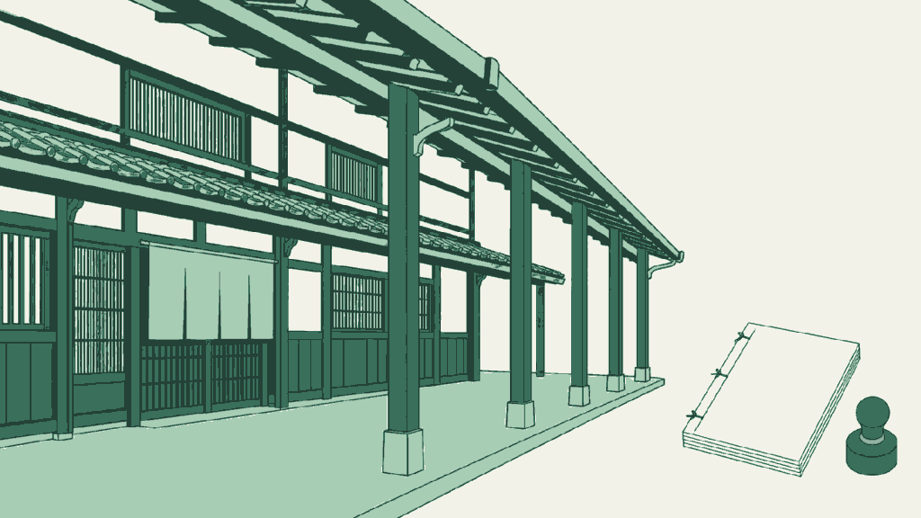 新潟県で民泊開業の手続きを依頼できる行政書士事務所選びのイメージイラスト（雁木の下に構える町家の宿と柱の連なり）