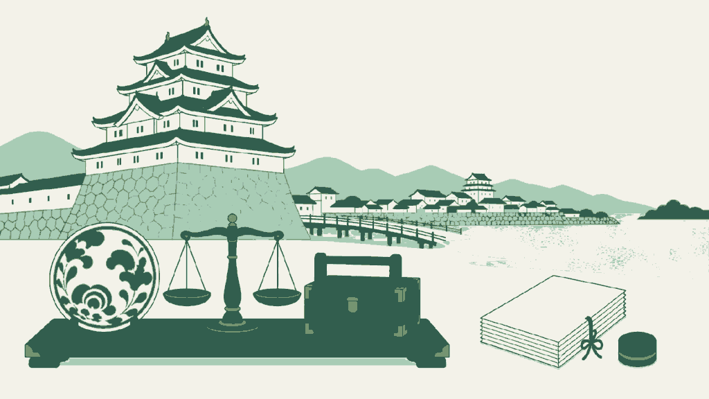 佐賀県で古物商許可の申請を依頼できる行政書士事務所選びのイメージイラスト(湾を望む城の天守と城下へ渡る橋)