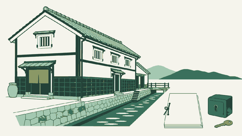 徳島県で民泊開業の手続きを依頼できる行政書士事務所選びのイメージイラスト(藍蔵を改装した宿の白壁と用水)