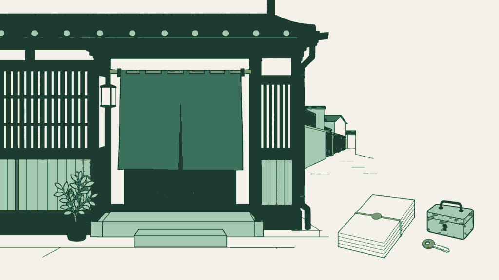 東京都で民泊開業の手続きを依頼できる行政書士事務所選びのイメージイラスト（路地の木造長屋を改装した宿の玄関と暖簾（無地））