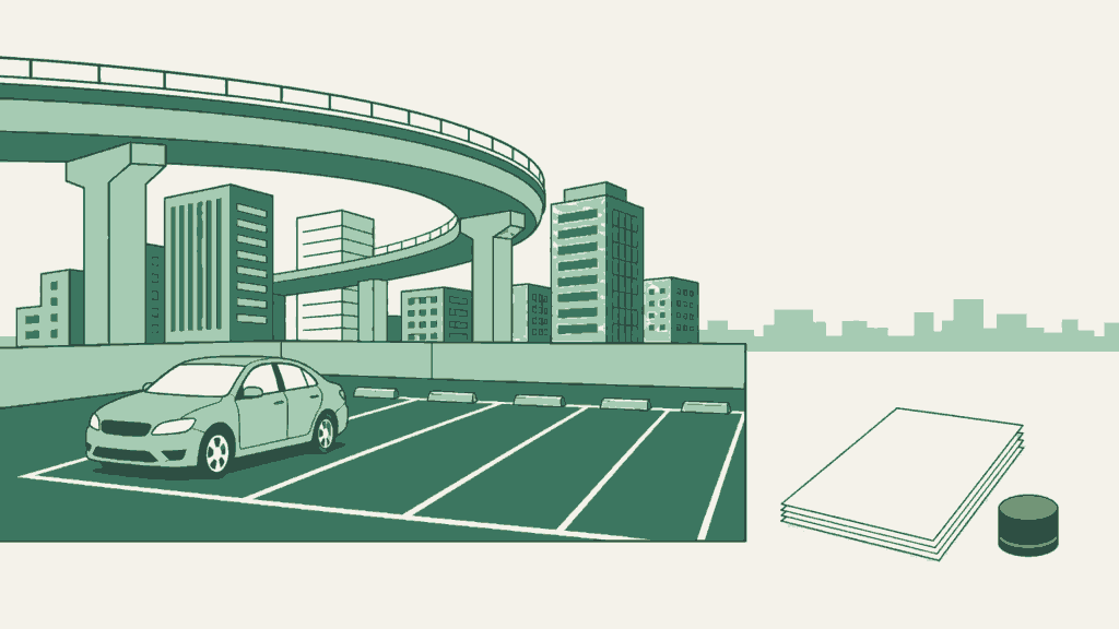 東京都で車庫証明の申請代行を依頼できる行政書士事務所選びのイメージイラスト（高架の都市高速のカーブとビル群）