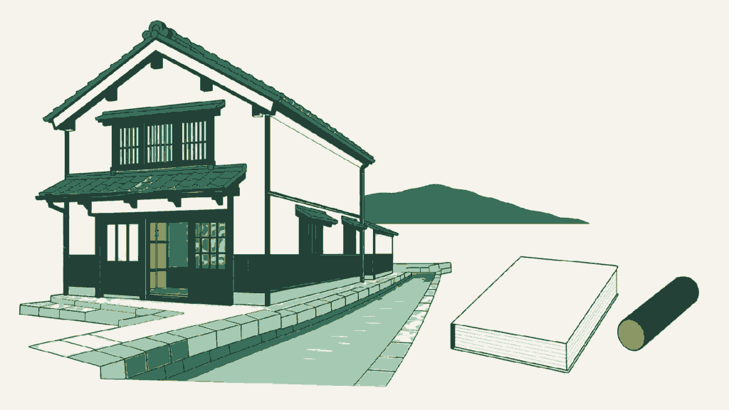 鳥取県で民泊開業の手続きを依頼できる行政書士事務所選びのイメージイラスト（白壁土蔵を改装した宿と脇の水路）