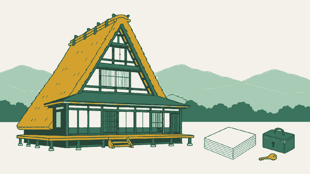 富山県で民泊開業の手続きを依頼できる行政書士事務所選びのイメージイラスト(切妻の合掌造りを改装した宿と縁側)