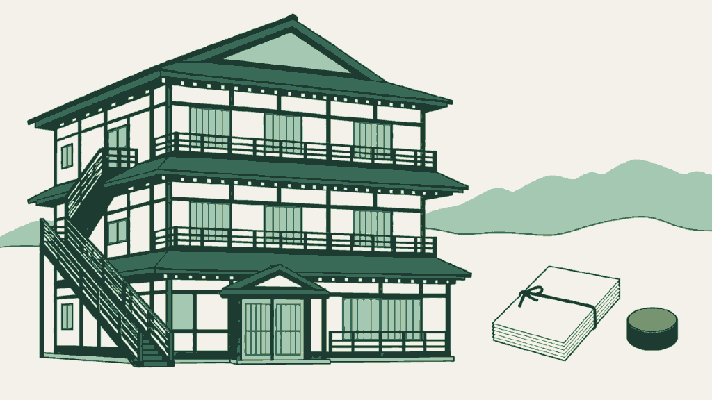 山形県で民泊開業の手続きを依頼できる行政書士事務所選びのイメージイラスト（木造三階建ての湯宿と外階段の欄干）