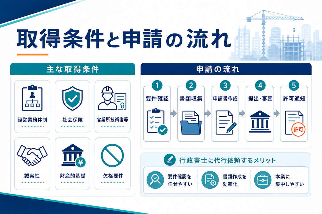建設業許可の主な取得条件と申請の流れ、行政書士へ代行依頼するメリット