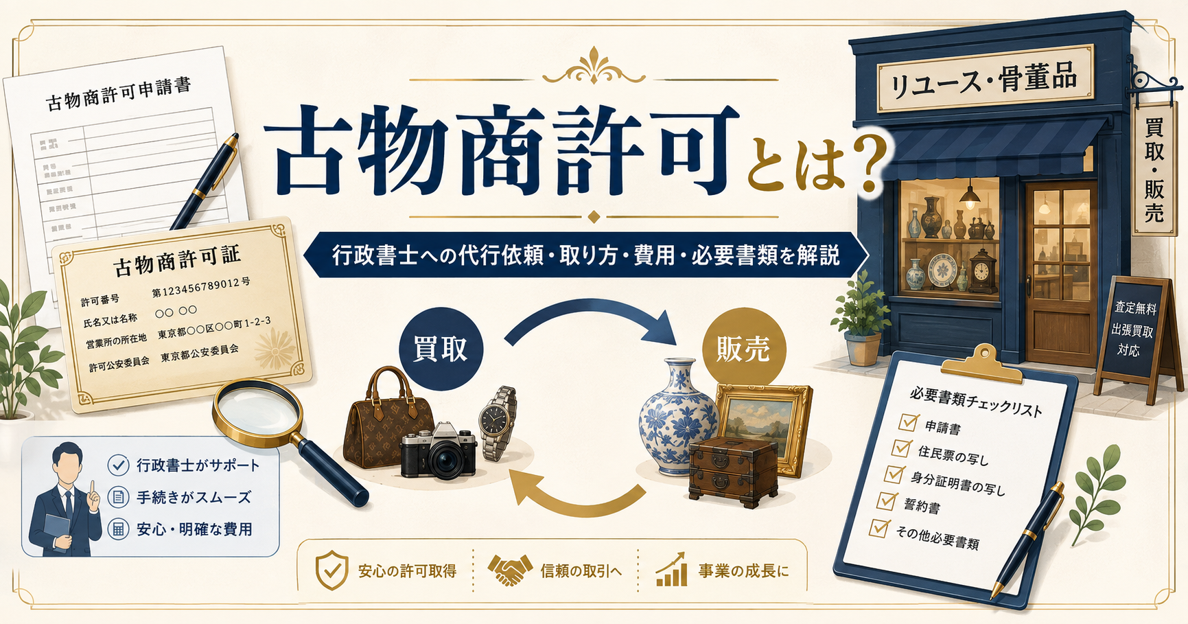 古物商許可とは？行政書士への代行依頼・取り方・費用・必要書類を解説