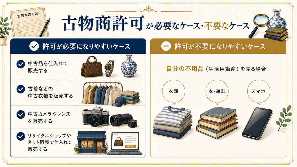 古物商許可が必要になりやすいケースと不要になりやすいケース
