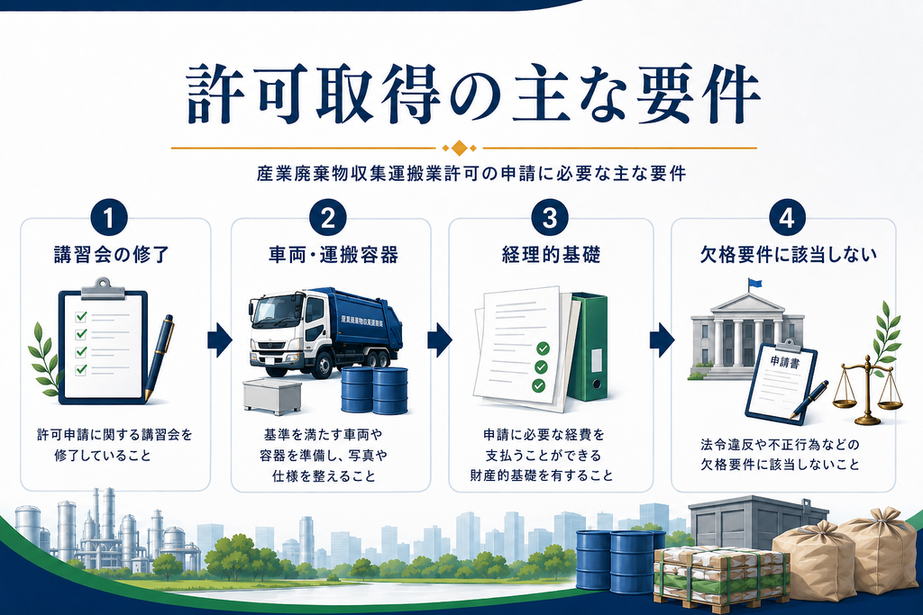 産業廃棄物収集運搬業許可を取得するための主な要件